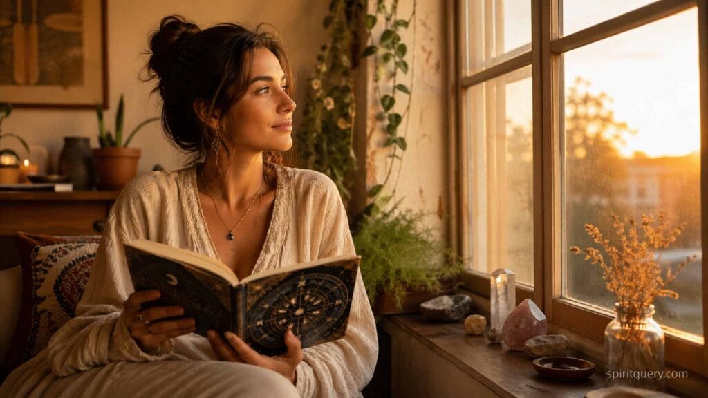 Woman reviewing Spiritual Blossom astrology psychic reading for love and twin flame guidance