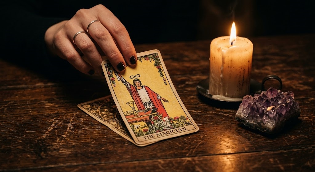 Tarot card next to candle and amethyst — online psychic love reading