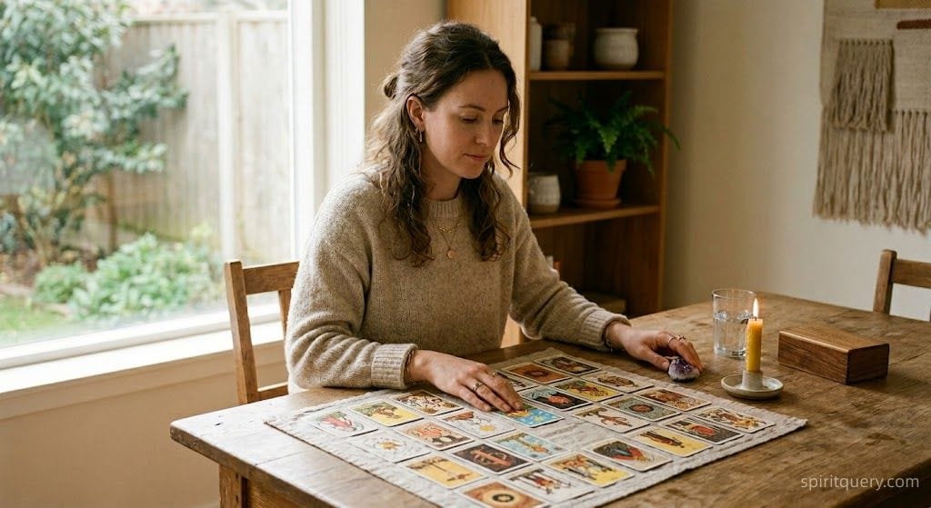 Woman reading tarot cards at a wooden table seeking clarity on her Aries man's behavior