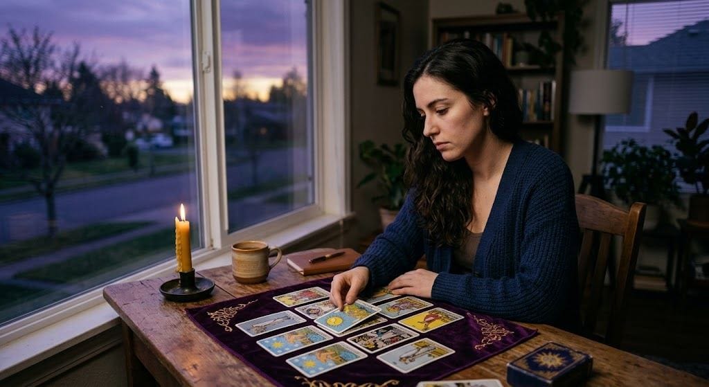  Woman reading tarot cards at dusk seeking clarity on whether her Capricorn man is done with the relationship
