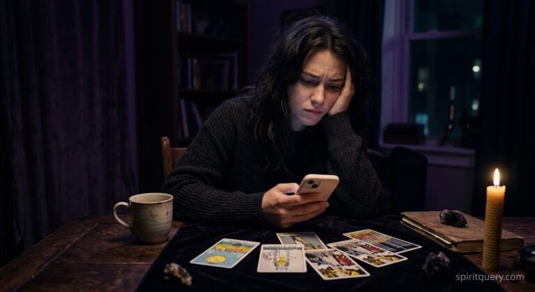 A distressed woman looking at a smartphone at night with tarot cards on a dark table, representing relationship anxiety and suspicion of cheating.