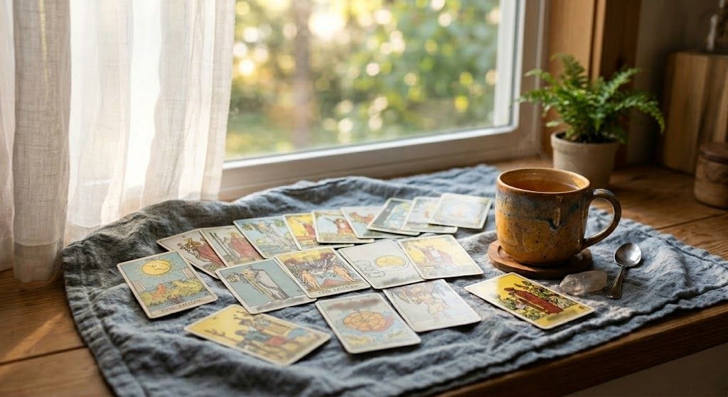 Tarot cards laid out near a window for an emotional clarity love reading