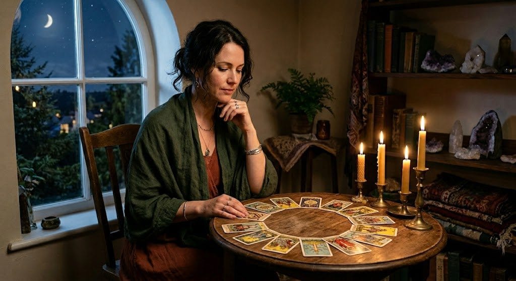  Woman reading tarot cards by candlelight seeking clarity on her connection with her ex
