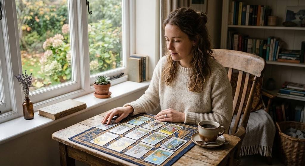  Woman reading three tarot cards at her desk seeking clarity on whether a man is losing interest