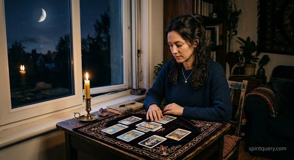 Woman reading tarot cards by moonlight seeking clarity on her Pisces man pulling away