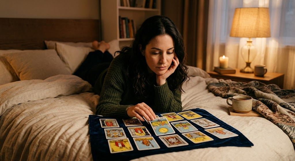  Woman reading tarot cards on her bed looking for answers about her relationship
