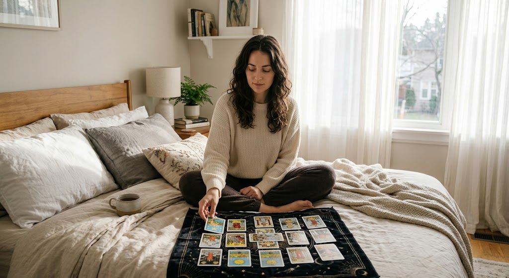 Woman doing a tarot reading on her bed to get clarity on her relationship