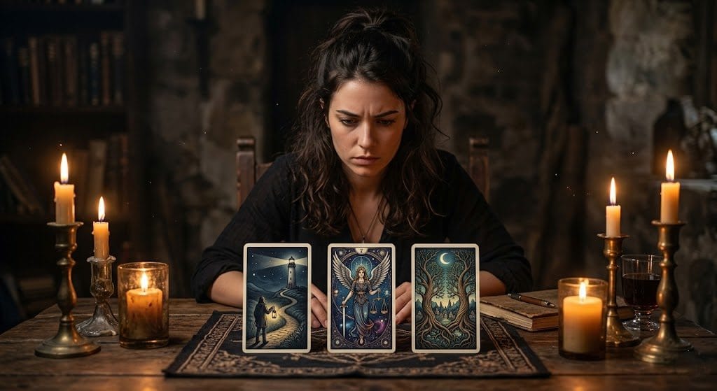 Woman reading three tarot cards by candlelight seeking the truth about her Scorpio man
