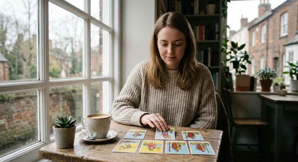 Woman reading tarot cards by a window seeking clarity on why a man stopped texting her