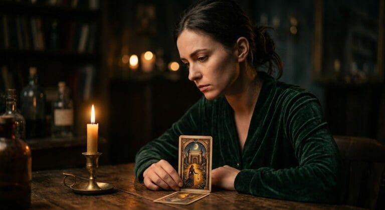  Woman looking at a tarot card by candlelight during a love reading, pulling the Tower card