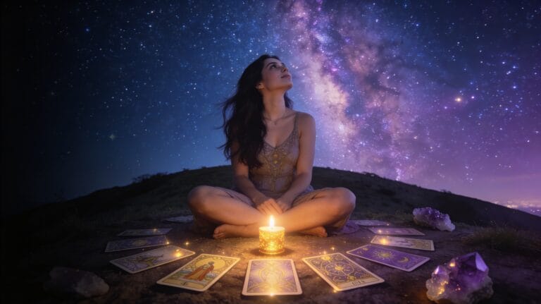Woman sitting under starry night sky with glowing tarot cards — best live twin flame tarot reading online 2026
