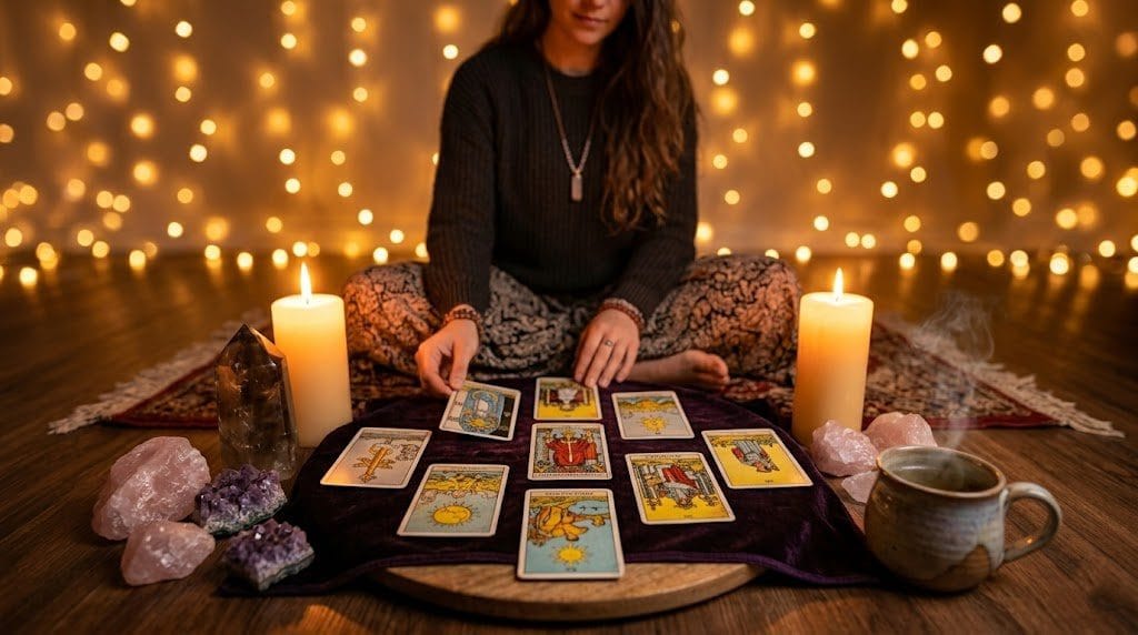 Tarot spread on velvet cloth with candles and crystals — how to do a twin flame tarot spread with a live reader