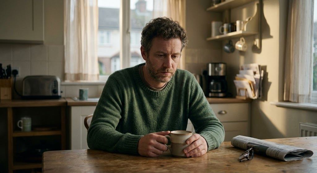  Man sitting alone with coffee, deep in thought, Virgo man silent treatment