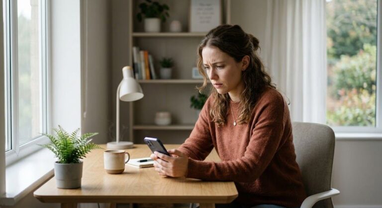  Woman staring at her phone waiting for a reply from a Virgo man giving her the silent treatment