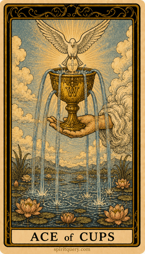 Ace of Cups tarot card showing hand emerging from cloud holding overflowing chalice