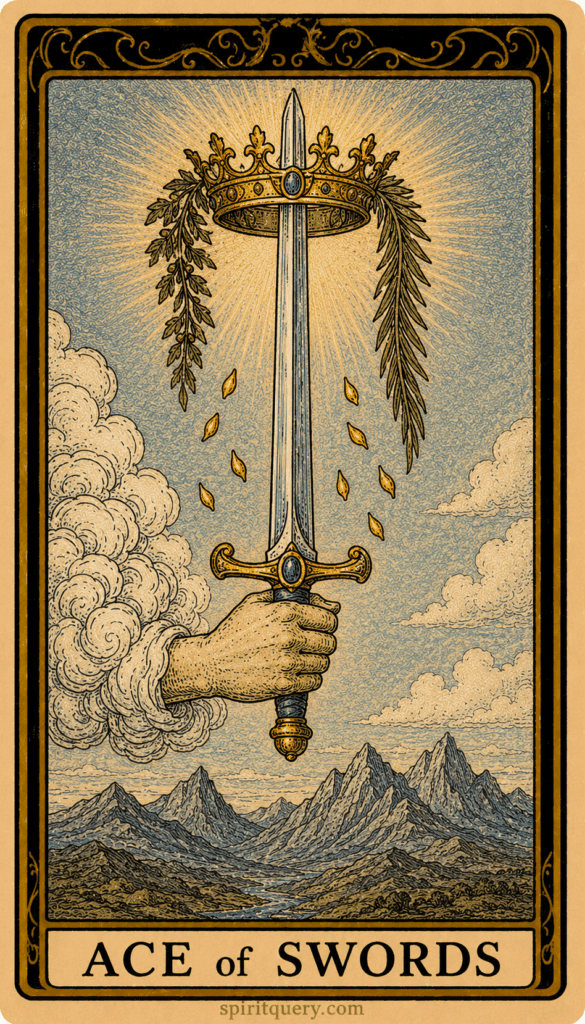 Ace of Swords tarot card showing upright sword emerging from clouds with crown