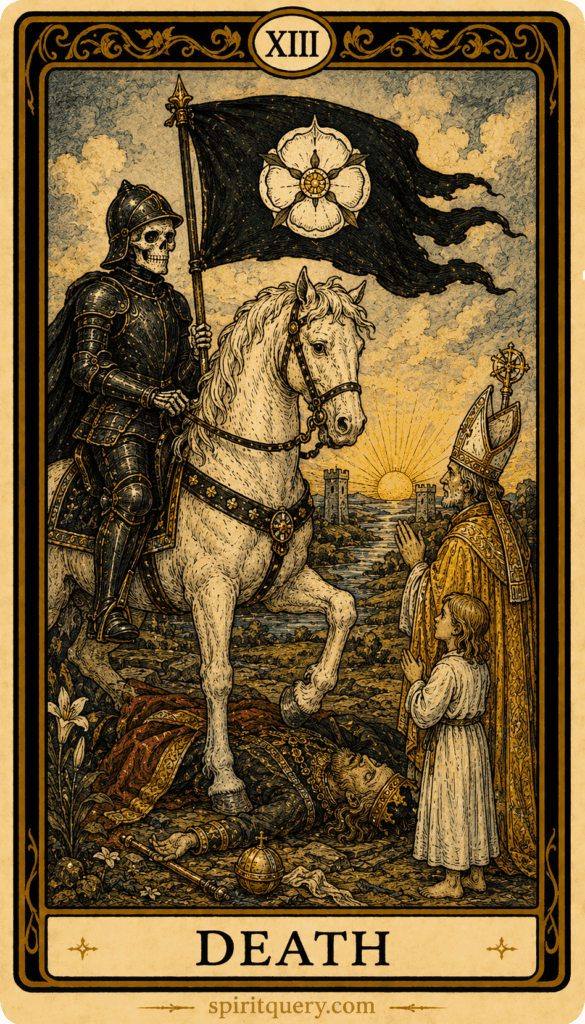 Death tarot card depicting armored skeleton on white horse with sun rising between pillars