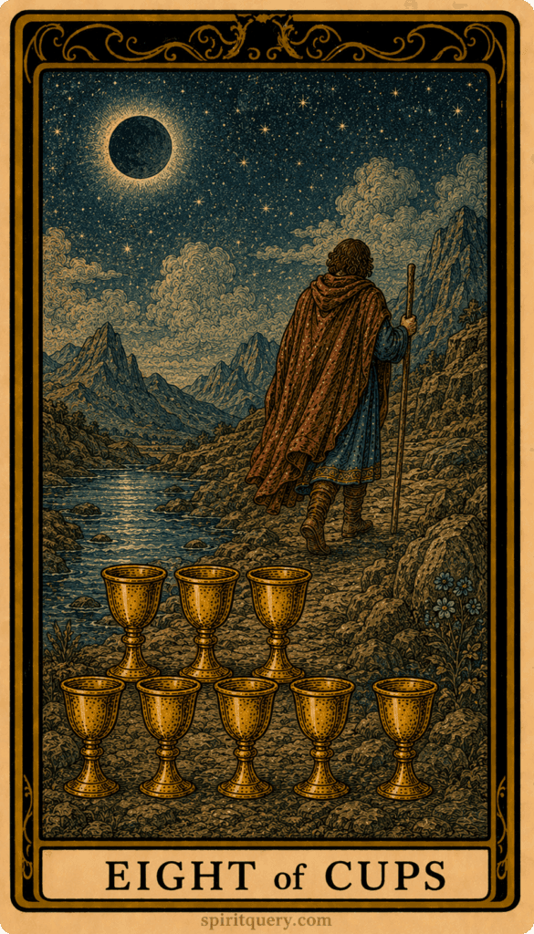 Eight of Cups tarot card depicting figure walking away from stacked cups toward mountains