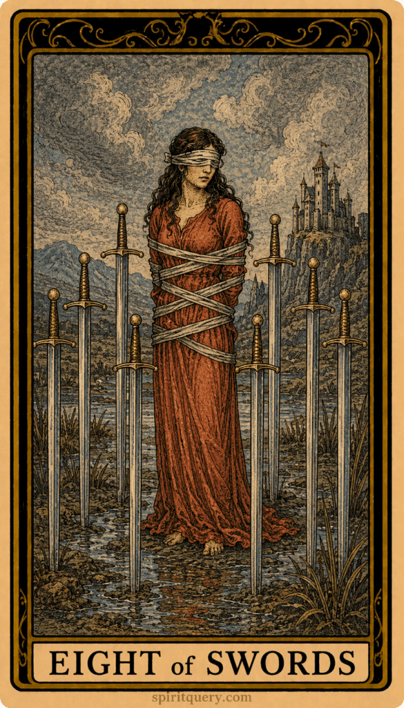Eight of Swords tarot card showing bound and blindfolded figure surrounded by swords
