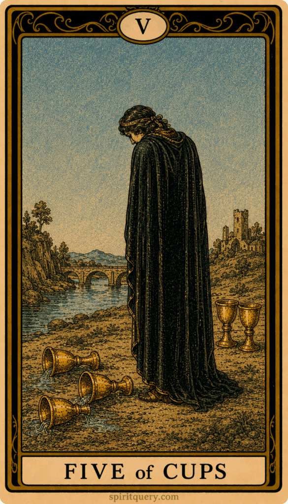 Five of Cups tarot card showing cloaked figure mourning spilled cups with two standing behind