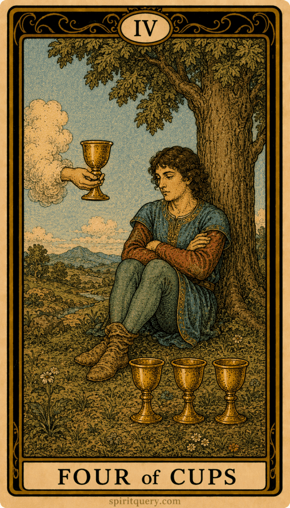 Four of Cups tarot card depicting figure sitting under tree ignoring offered cup