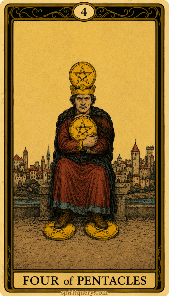 Four of Pentacles tarot card showing figure clutching pentacles tightly