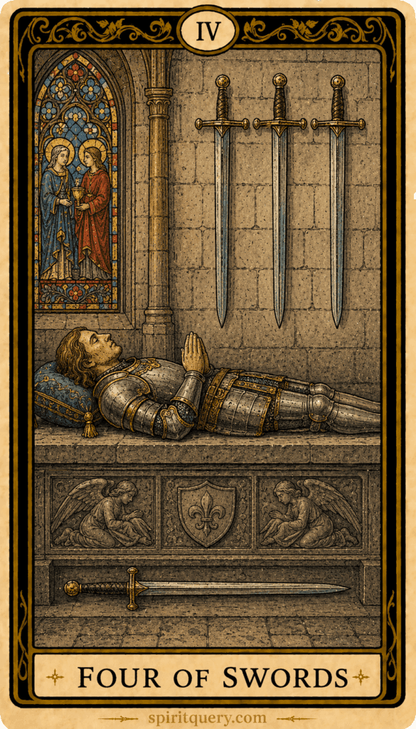 Four of Swords tarot card showing figure resting on tomb with three swords on wall