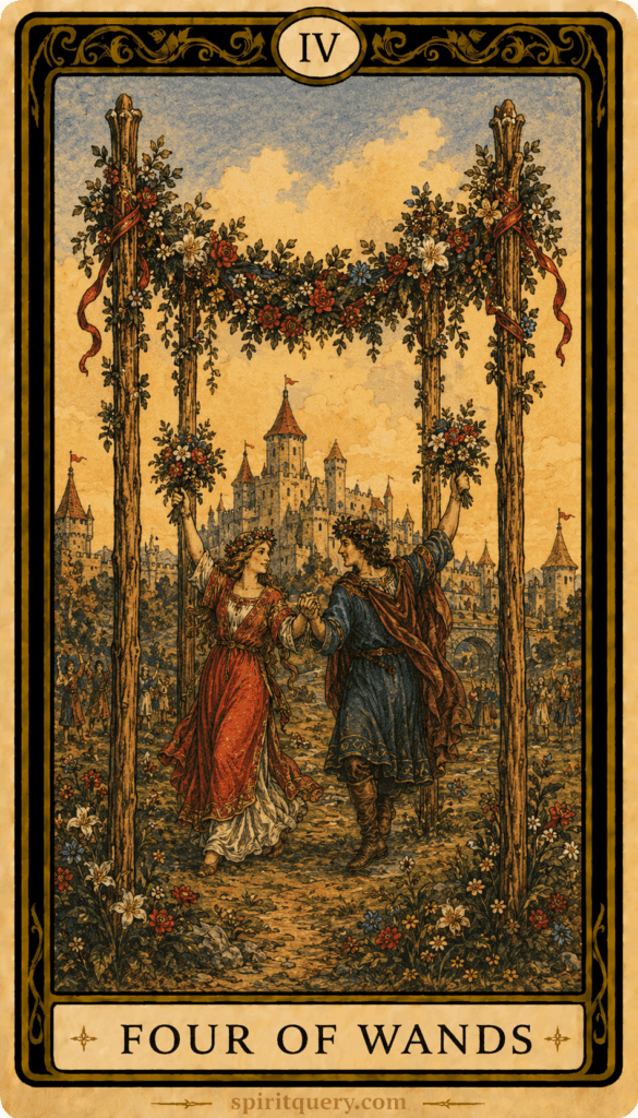 Four of Wands tarot card showing celebration under flower-adorned arch
