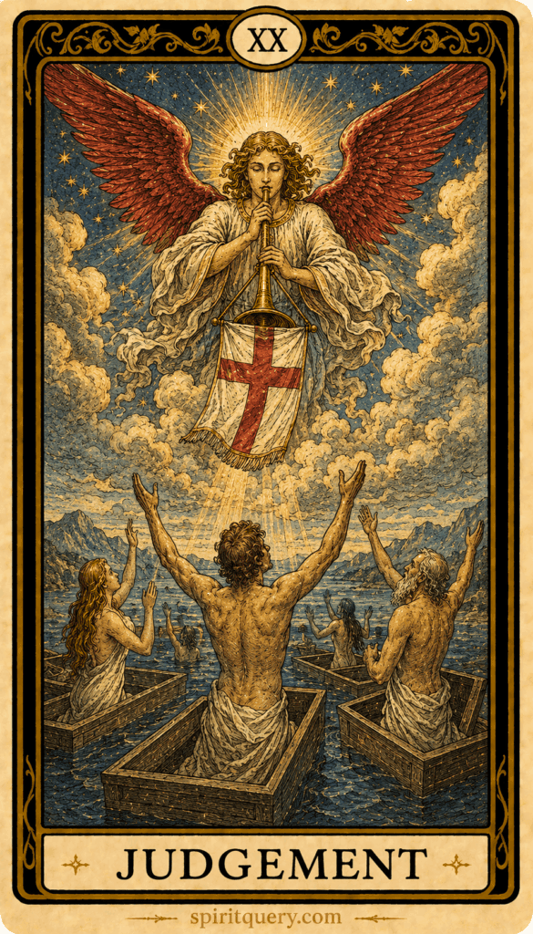 Judgement tarot card depicting angel blowing trumpet while figures rise from graves