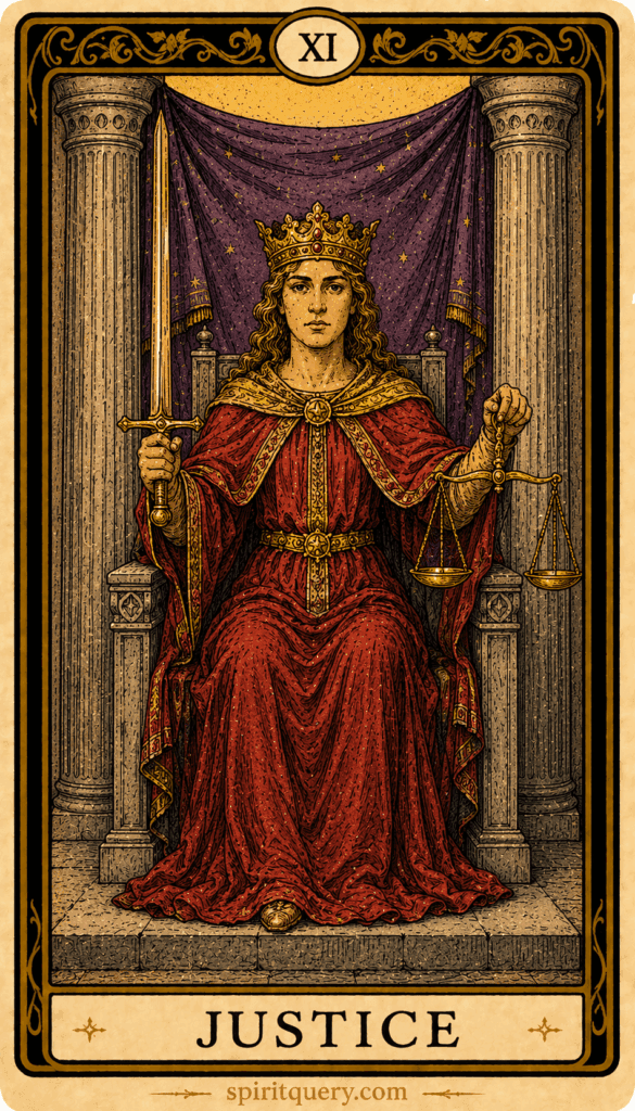Justice tarot card depicting seated figure with sword and scales between pillars