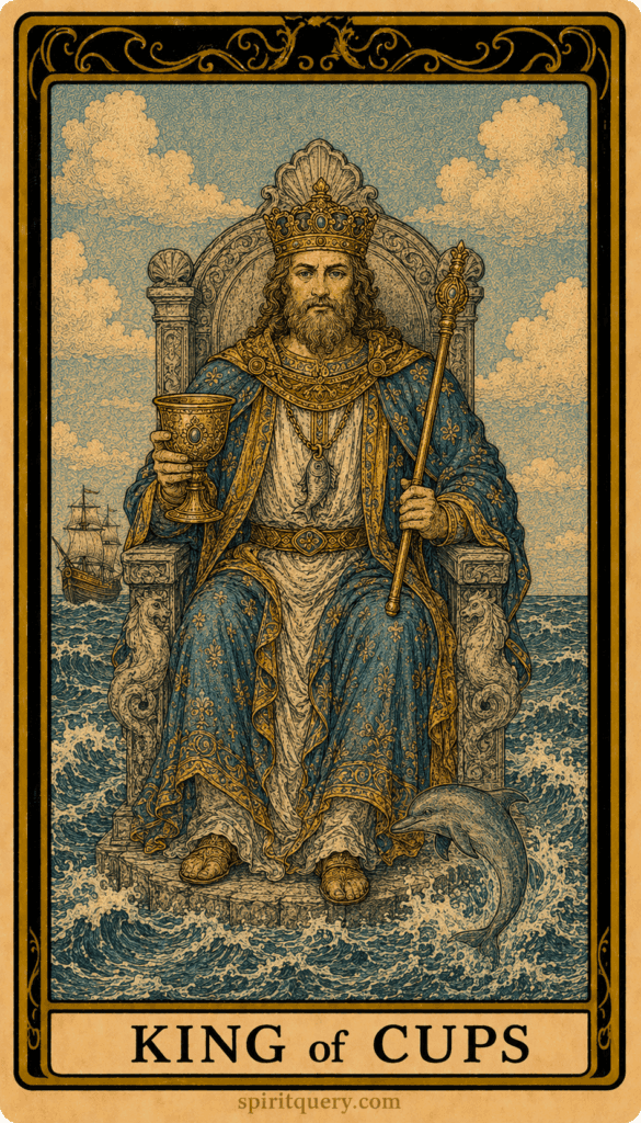 King of Cups tarot card showing composed king on throne in turbulent sea holding cup