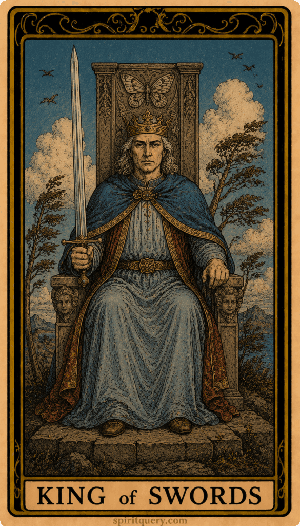 King of Swords tarot card showing king on throne holding sword with butterflies and crescent moons