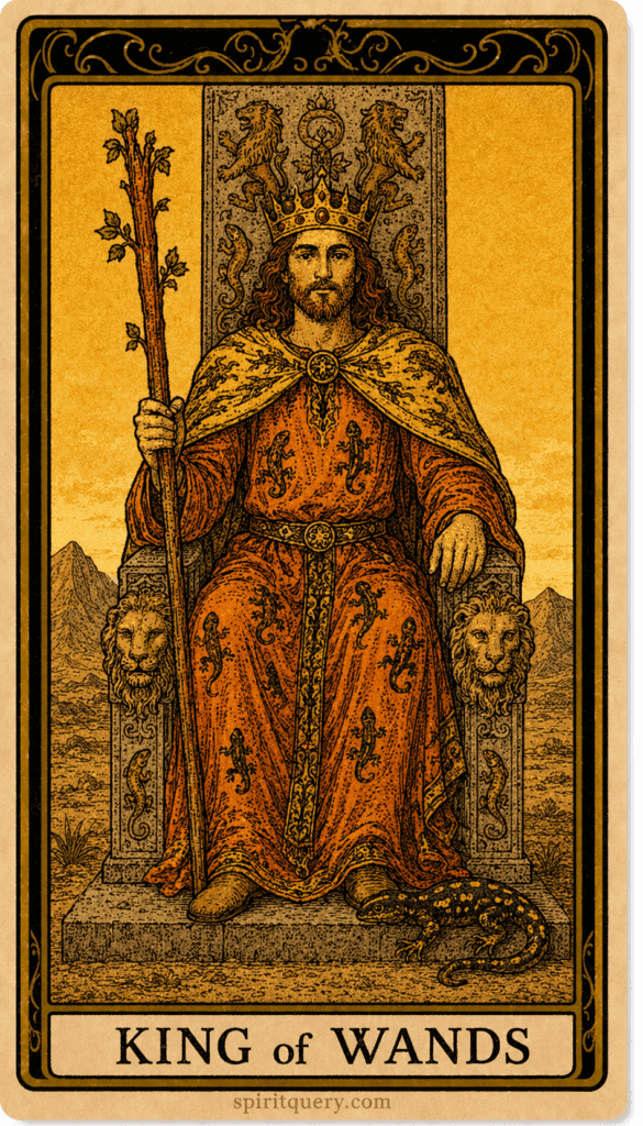King of Wands tarot card showing commanding king on throne with salamander imagery