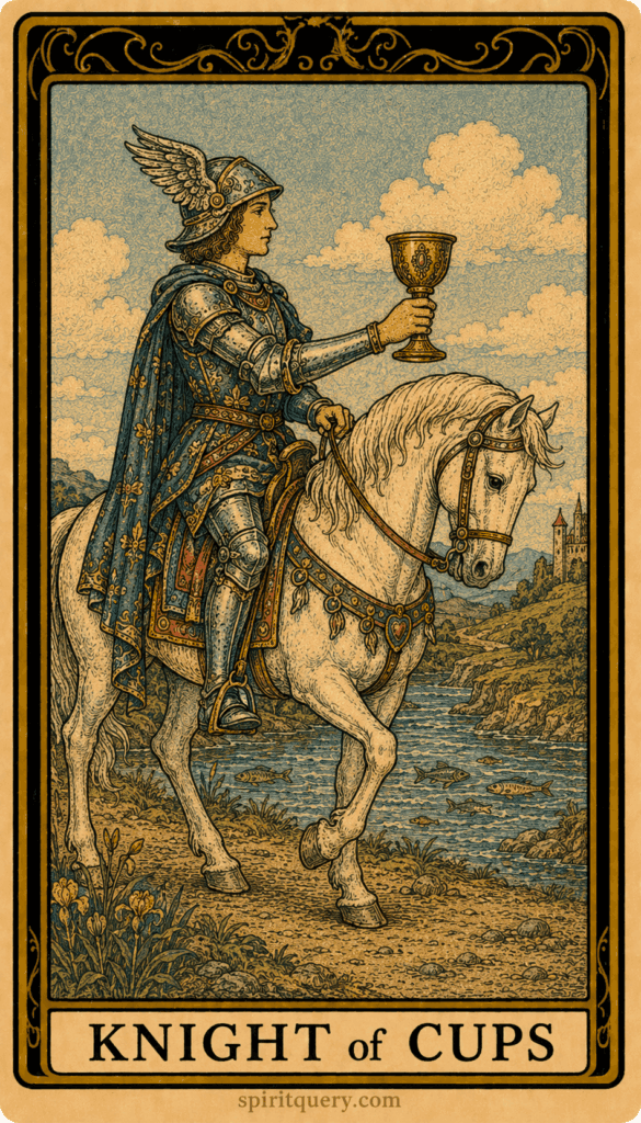Knight of Cups tarot card depicting romantic knight on horse offering cup