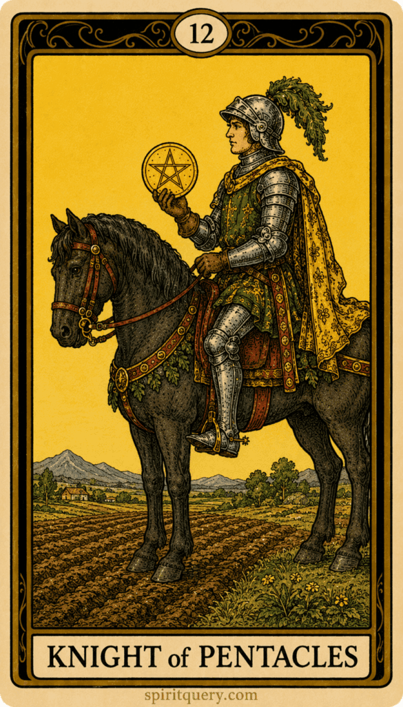 Knight of Pentacles tarot card depicting steady knight on stationary horse holding pentacle