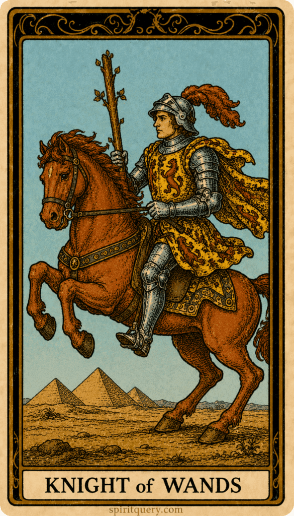 Knight of Wands tarot card depicting knight on rearing horse charging forward with wand