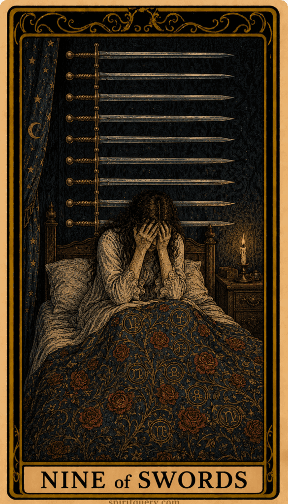 Nine of Swords tarot card depicting figure sitting up in bed with nine swords on wall