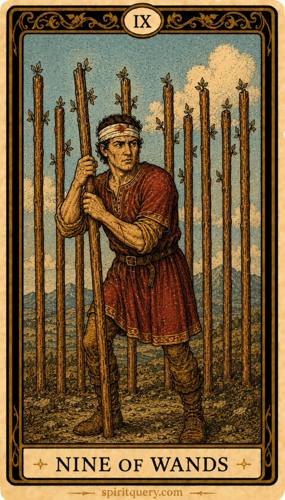 Nine of Wands tarot card depicting wounded figure guarding eight wands defensively