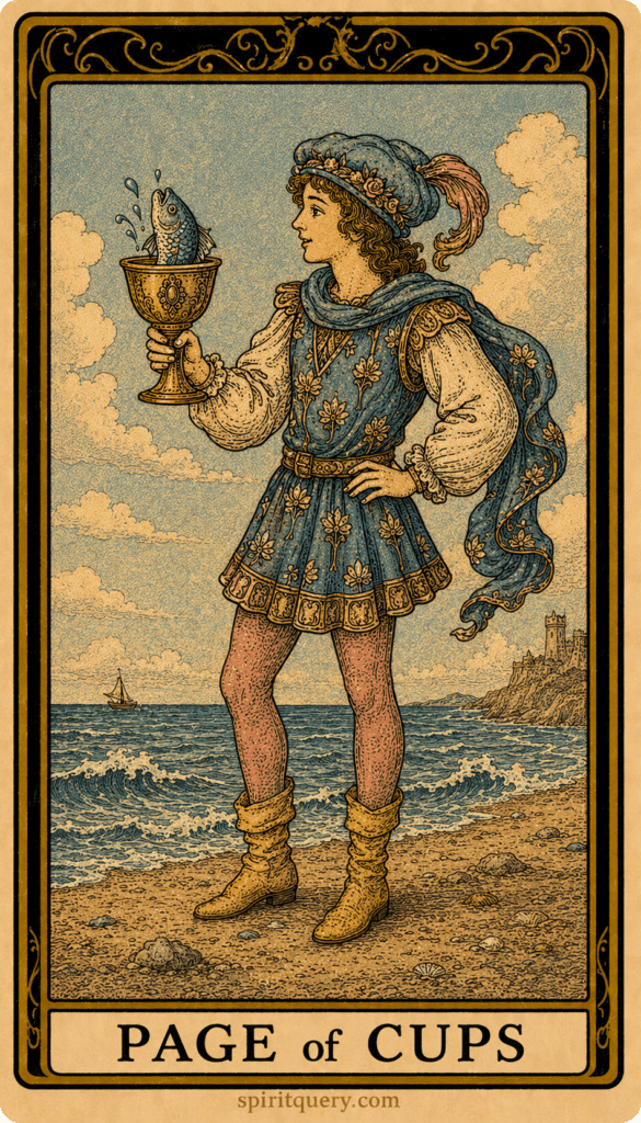 Page of Cups tarot card showing young figure with fish emerging from cup