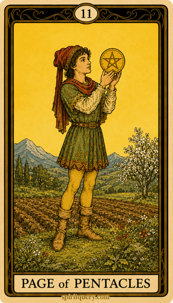 Page of Pentacles tarot card showing young figure studying pentacle with focus