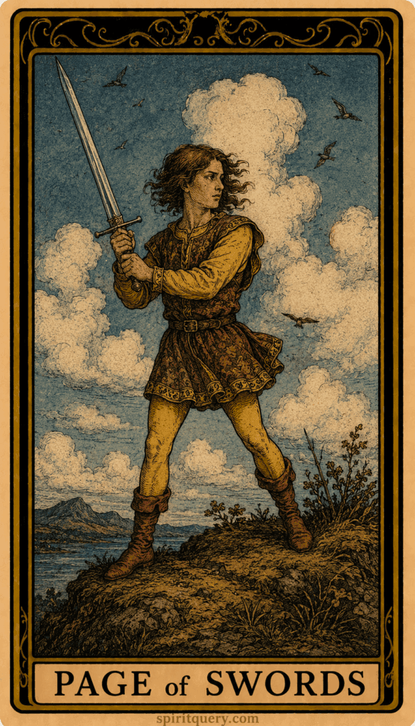 Page of Swords tarot card showing young figure holding sword upright in turbulent winds