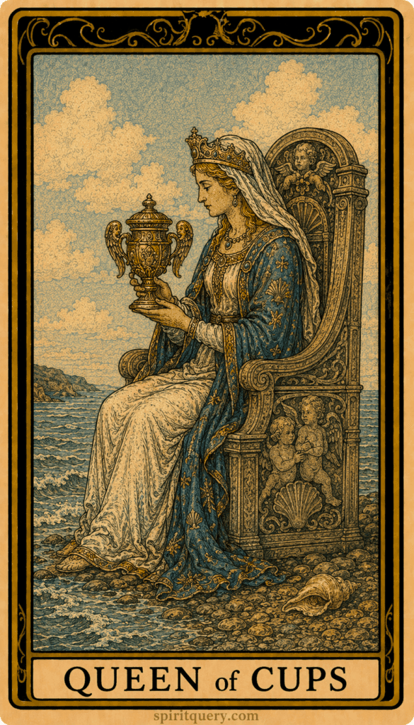 Queen of Cups tarot card showing intuitive queen on throne by water holding ornate cup
