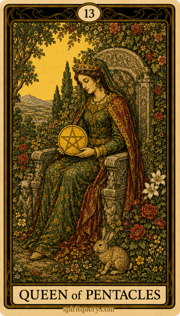 Queen of Pentacles tarot card showing nurturing queen in abundant garden with pentacle