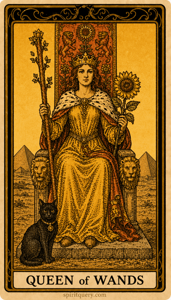Queen of Wands tarot card showing confident queen on throne with sunflower and black cat