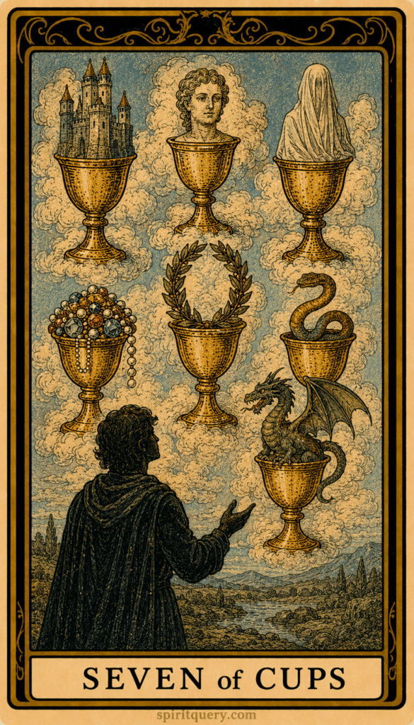 Seven of Cups tarot card showing figure facing seven cups with various visions
