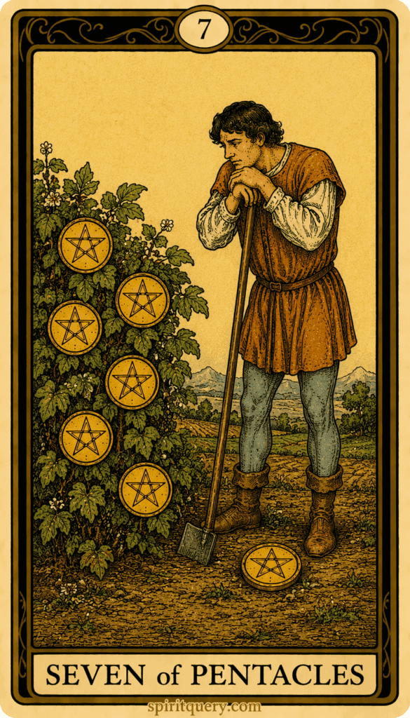 Seven of Pentacles tarot card showing farmer pausing to assess growing pentacle plants