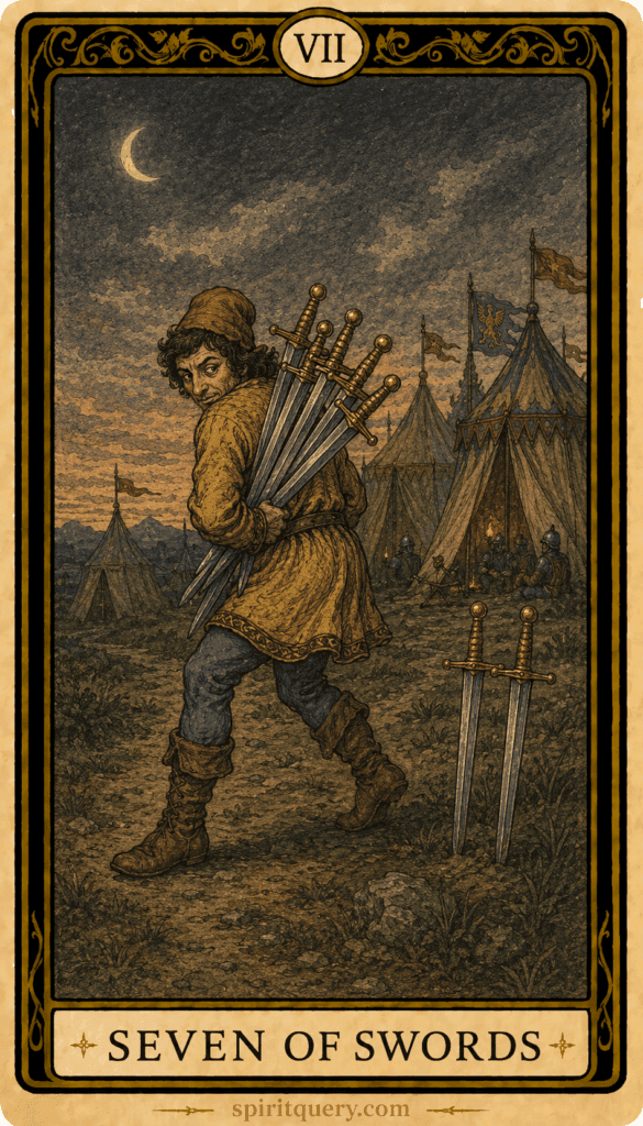 Seven of Swords tarot card showing figure sneaking away with five swords, leaving two behind