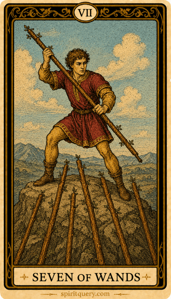 Seven of Wands tarot card showing figure on high ground defending against six wands