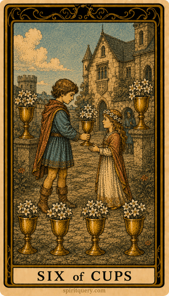 Six of Cups tarot card depicting children sharing cups filled with flowers