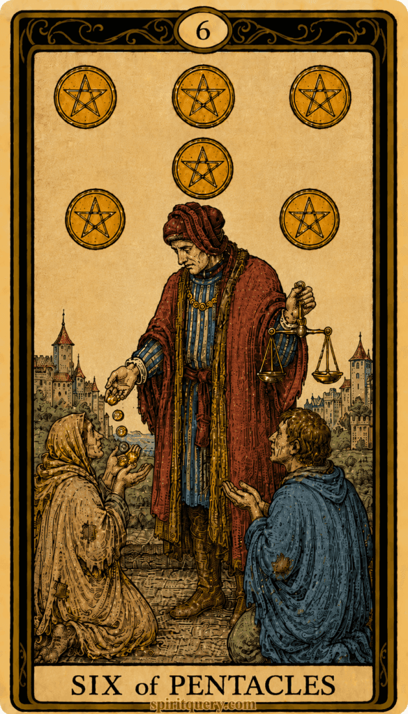 Six of Pentacles tarot card depicting merchant with scales giving coins to beggars